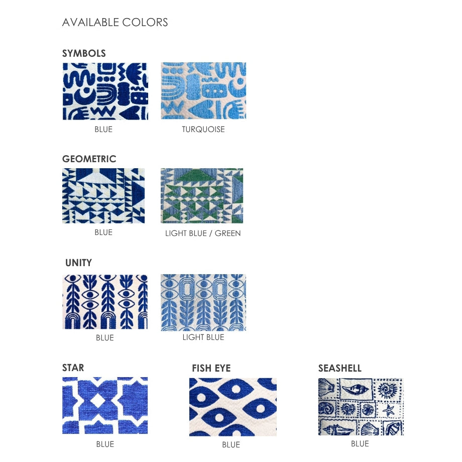 Marabu basket bag colour options — Symbols, Geometric, Unity, Star, Fish Eye and Seashell prints, all in blue