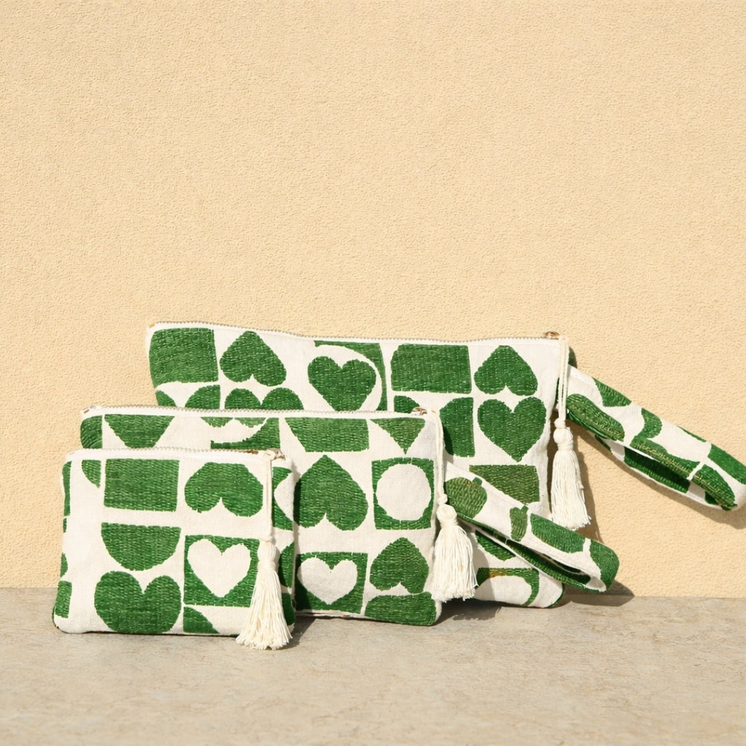 Marabu heart clutch in green — bold heart print on natural cotton, tassel zip, handmade in Greece