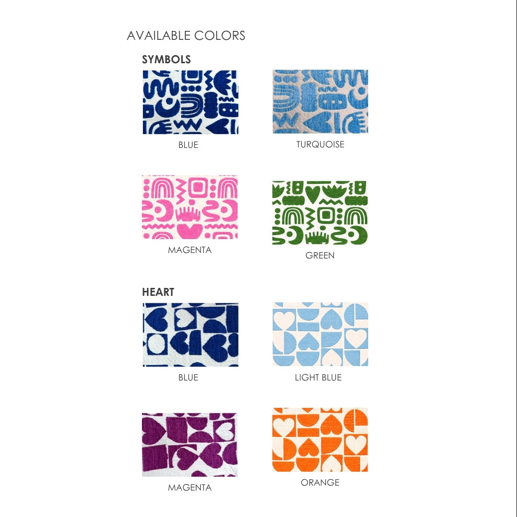 Marabu makeup bag colour options — Symbols and Heart prints in blue, turquoise, magenta, green and orange