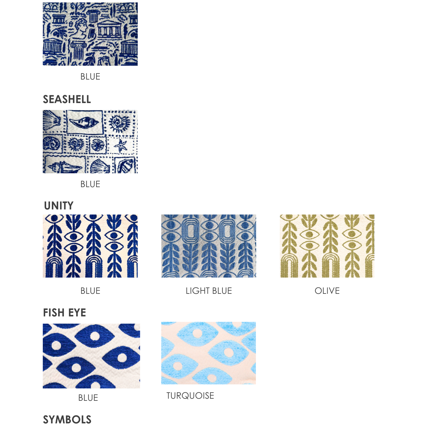 Marabu tote bag available patterns and colours — Greece Blue, Seashell Blue, Unity Blue, Unity Light Blue, Unity Olive, Fish Eye Blue, Fish Eye Turquoise, Symbols Blue