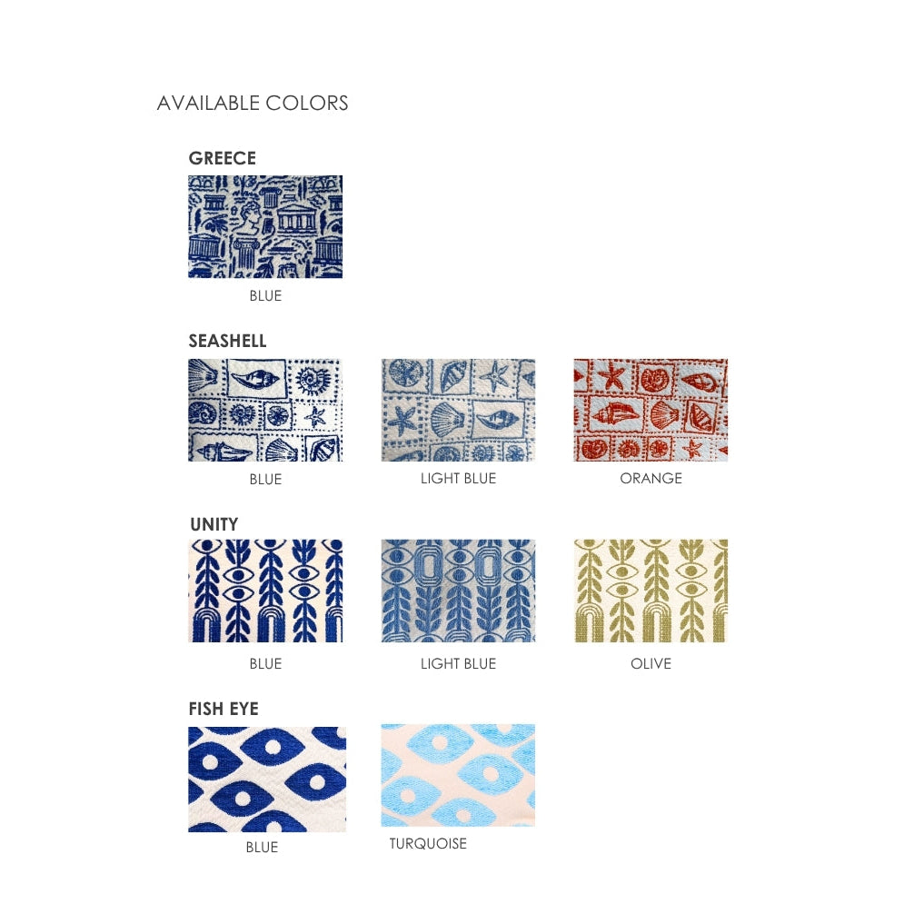 Marabu crossbody bag colour options — Greece, Seashell, Unity and Fish Eye prints in multiple colourways
