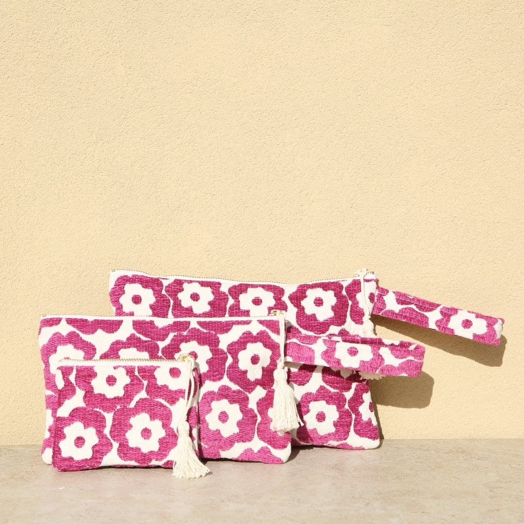 Marabu flower clutch in magenta — vibrant floral print on natural cotton, summer clutch, made in Greece