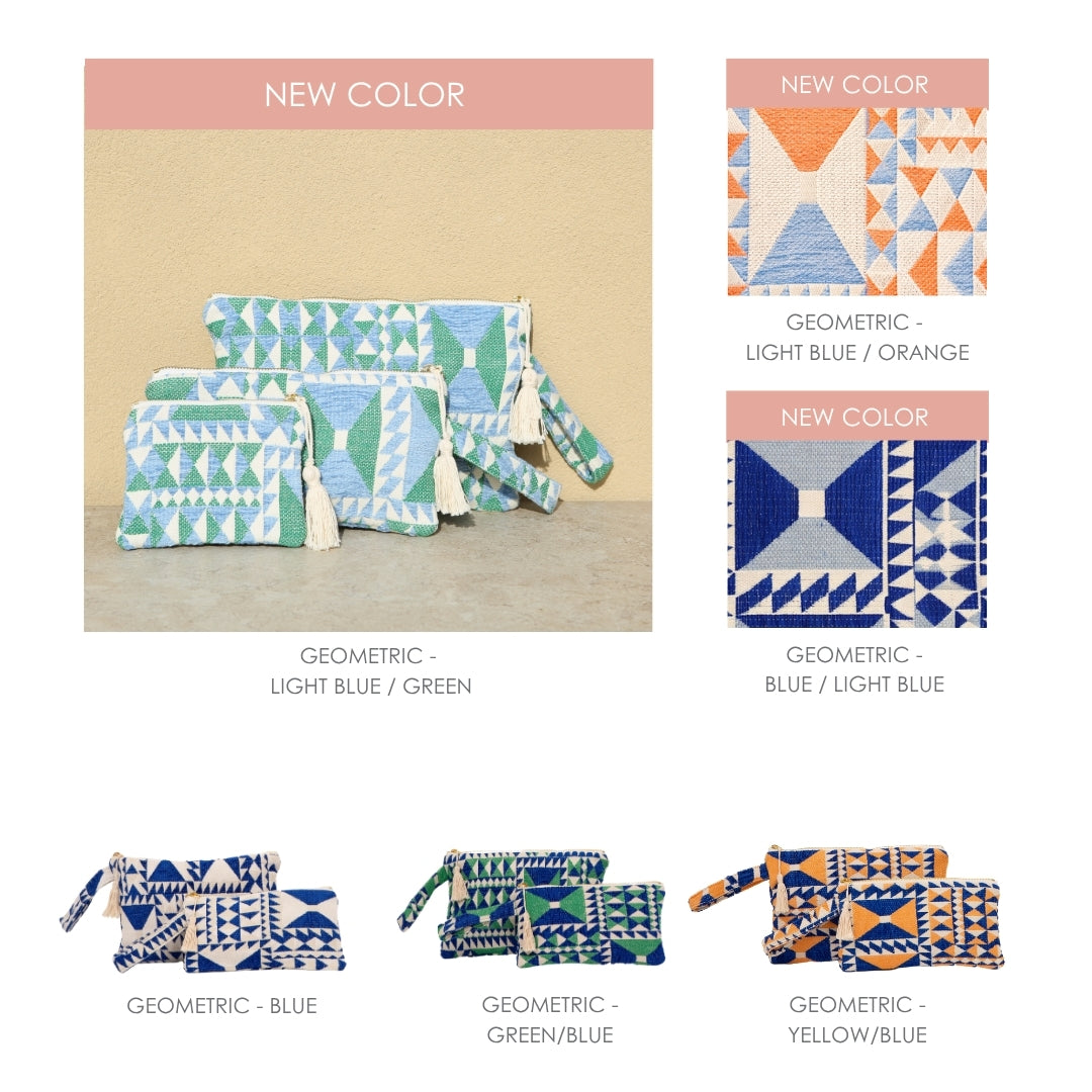 Marabu geometric clutch colour options — light blue/green, light blue/orange, blue/light blue, blue, green/blue and yellow/blue