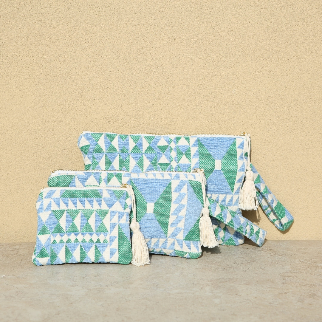 Marabu geometric clutch in x-small, small and big — light blue and green Greek print, natural cotton, gold zip with tassel