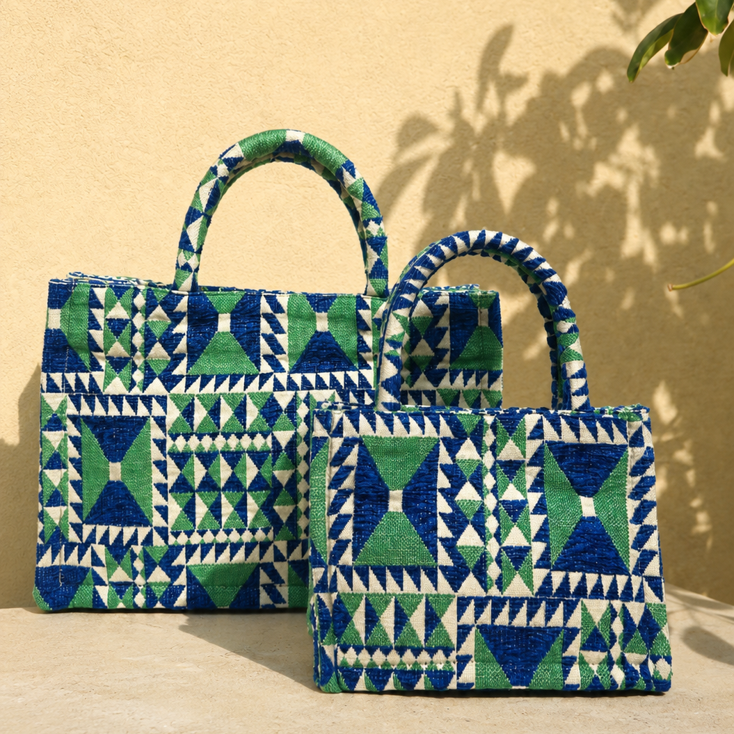 Marabu geometric square handbag in blue/green Greek print — natural cotton, handmade in Greece