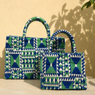 Marabu geometric square handbag in blue/green Greek print — natural cotton, handmade in Greece