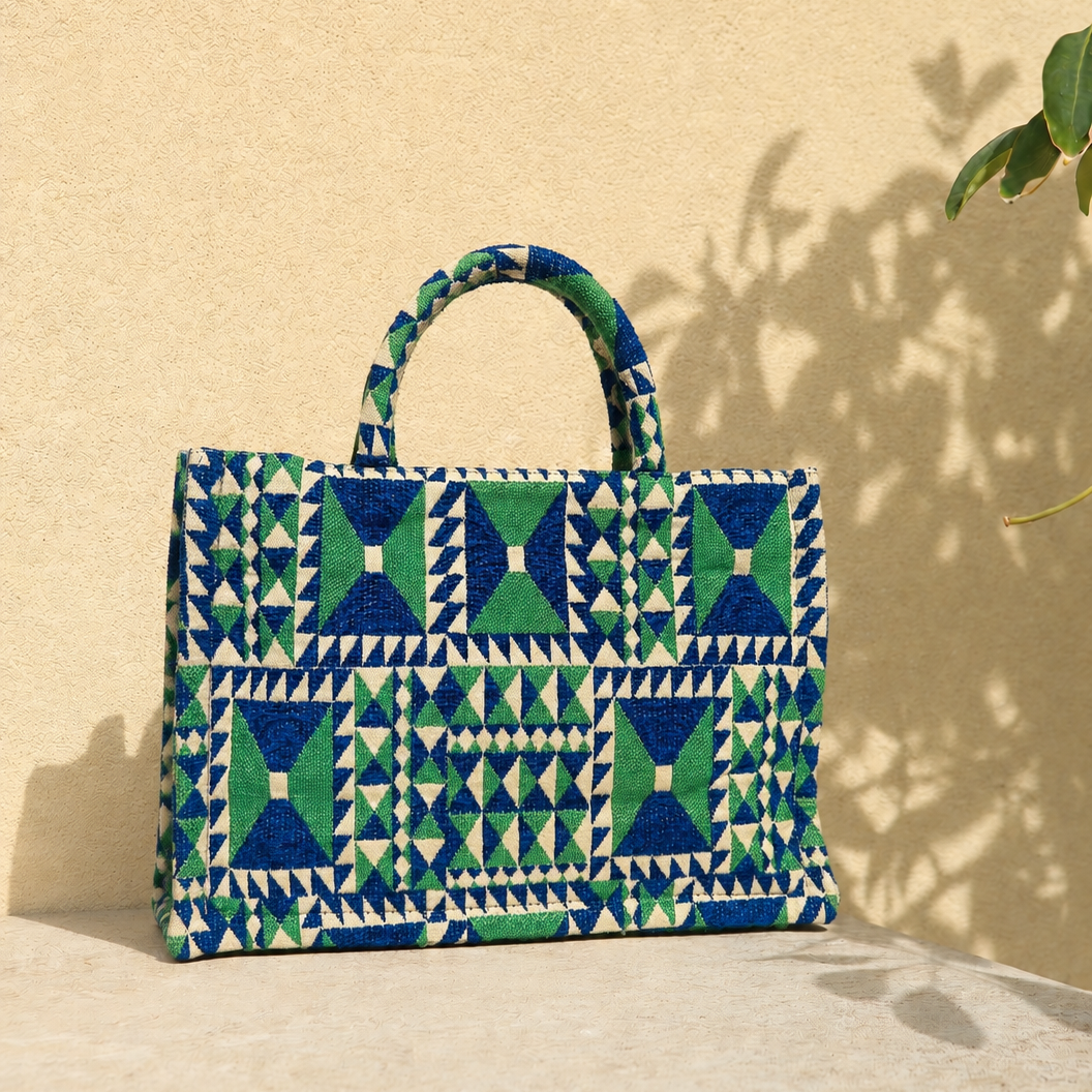 Marabu square handbag geometric embroidery detail — cotton canvas, Greek-inspired design
