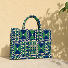 Marabu square handbag geometric embroidery detail — cotton canvas, Greek-inspired design