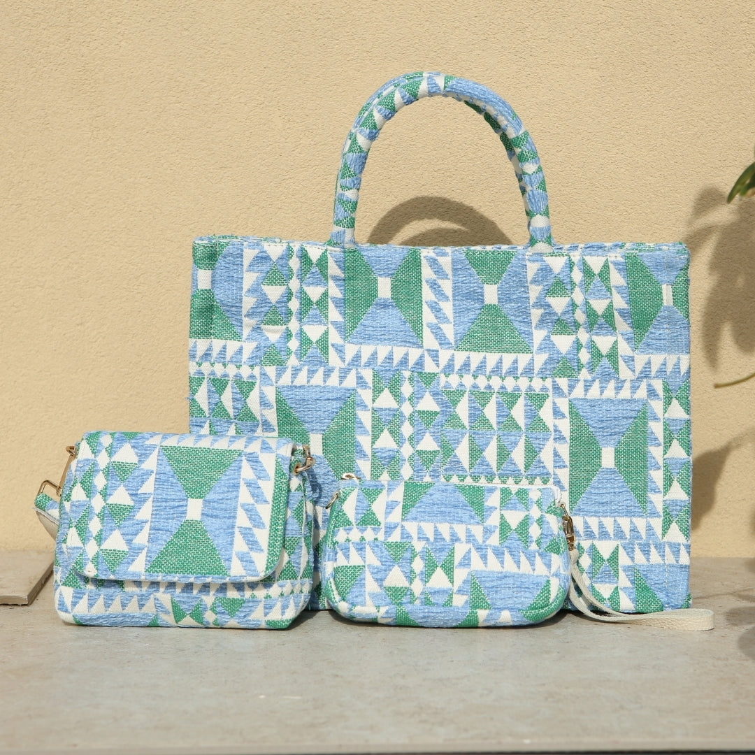 Marabu square handbag small and large sizes — bold Greek geometric print, resort summer bag