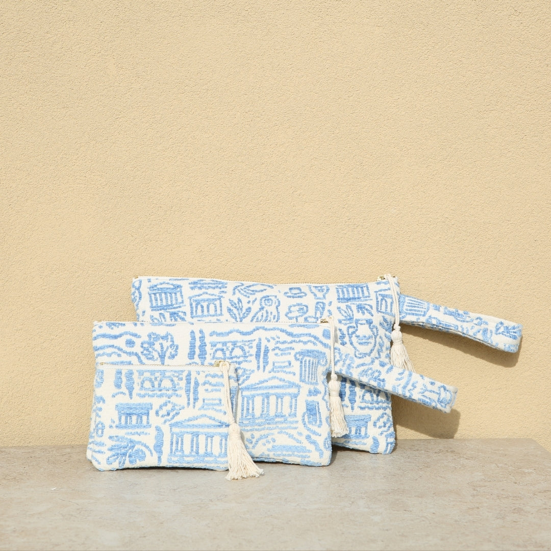 Marabu Greece clutch small and large — blue ancient Greek landmarks print on natural cotton, tassel zip, handmade in Greece