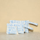 Marabu Greece clutch small and large — blue ancient Greek landmarks print on natural cotton, tassel zip, handmade in Greece