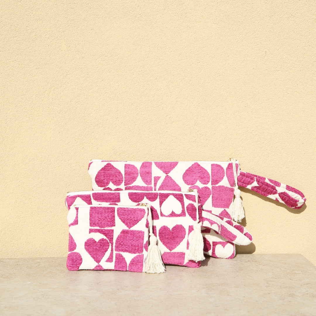 Marabu heart clutch in magenta — vibrant heart and geometric print on natural cotton, summer clutch, made in Greece