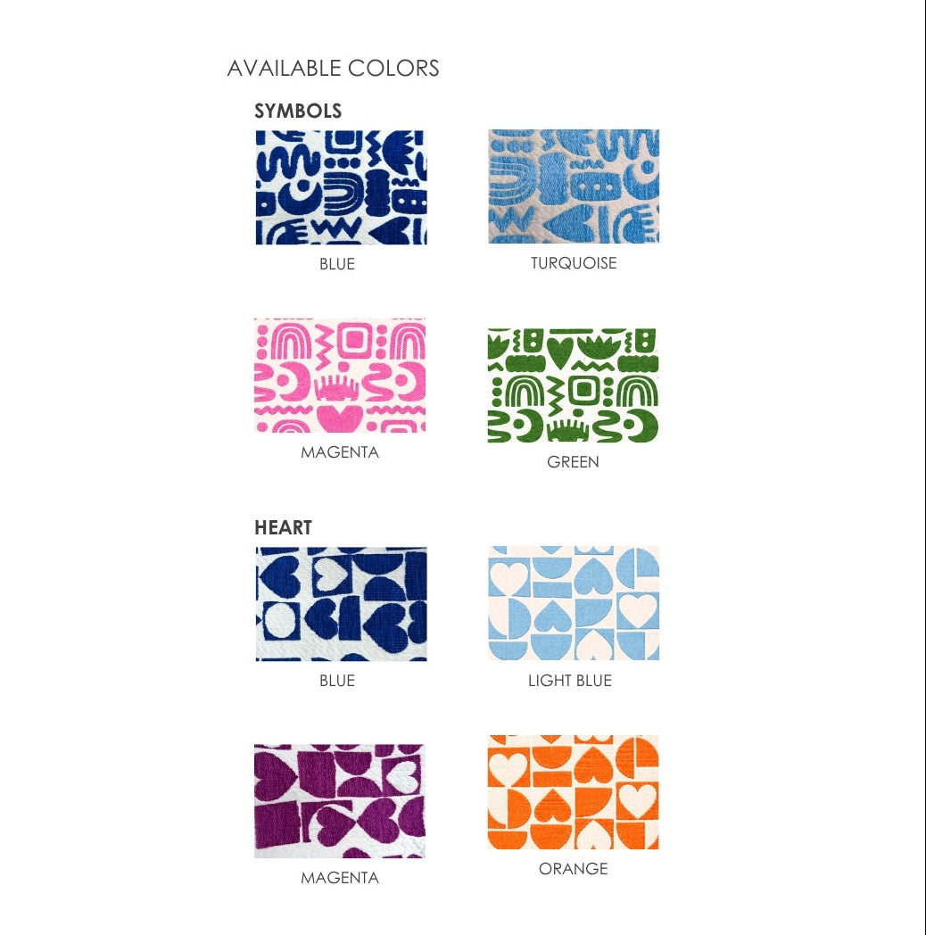 Marabu makeup bag colour options — Symbols and Heart prints in blue, turquoise, magenta, green and orange
