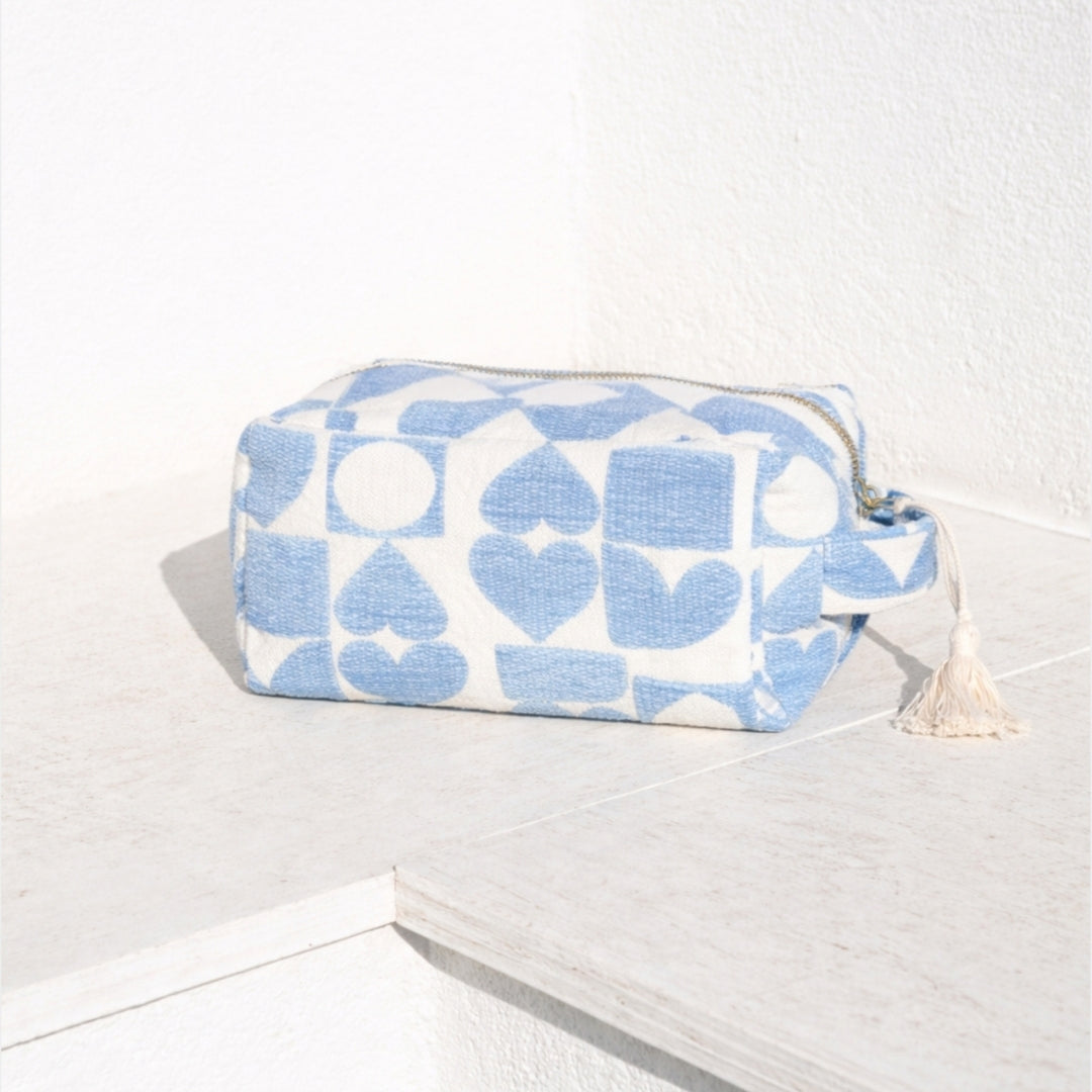 Marabu makeup bag in blue Heart print — natural cotton canvas, gold zip with tassel, handmade in Greece