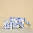 Marabu seashell clutch small and large — blue seashell print on natural cotton, tassel zip, handmade in Greece