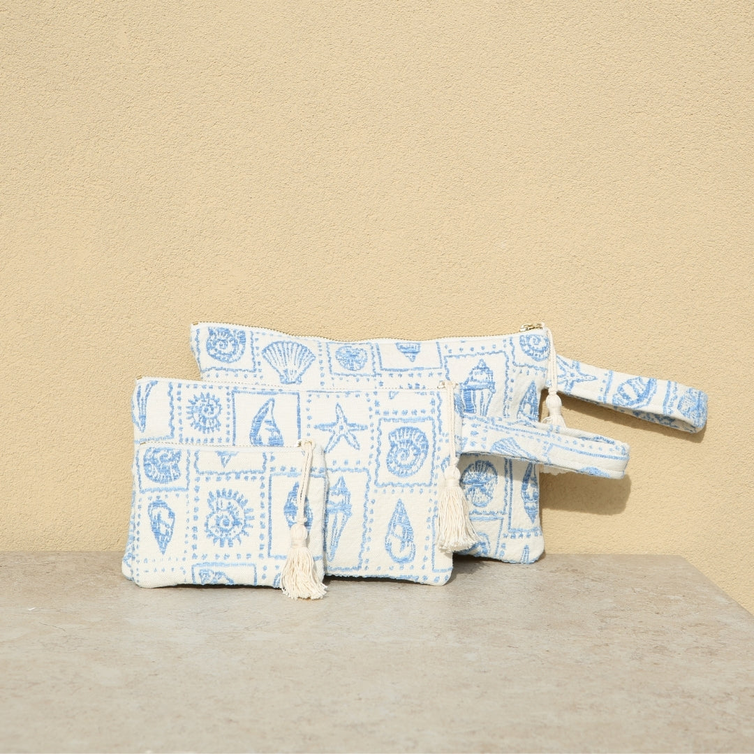 Marabu seashell clutch in light blue — shells, starfish and sailboat print on natural cotton canvas, made in Greece