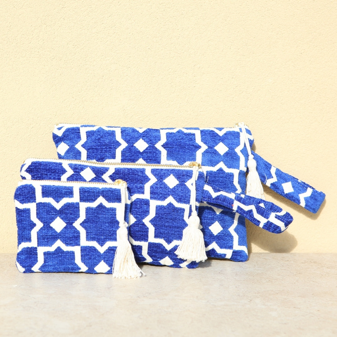 Marabu star clutch in x-small, small and big — blue Greek star print on natural cotton, tassel zip, handmade in Greece