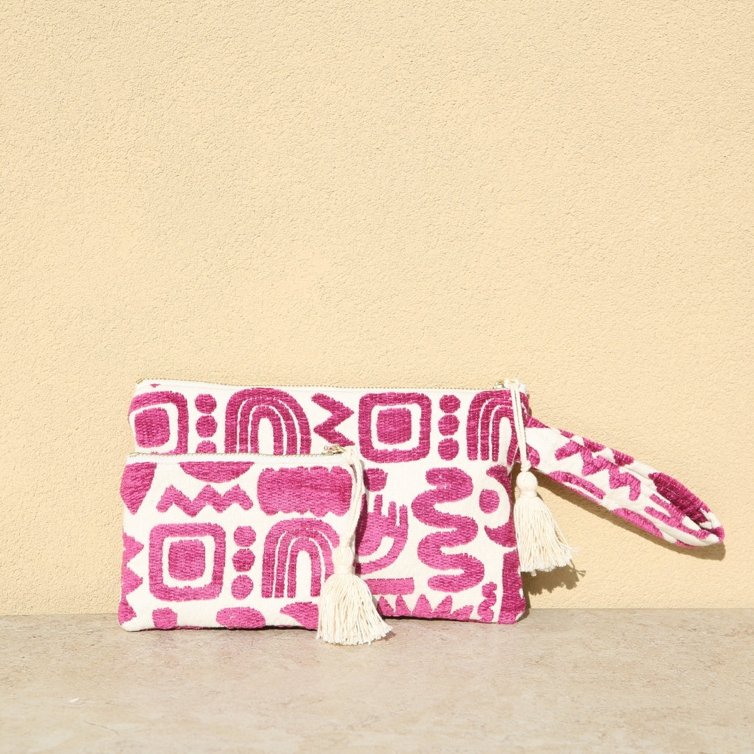 Marabu symbols clutch in magenta — vibrant abstract symbols print on natural cotton, summer clutch, made in Greece