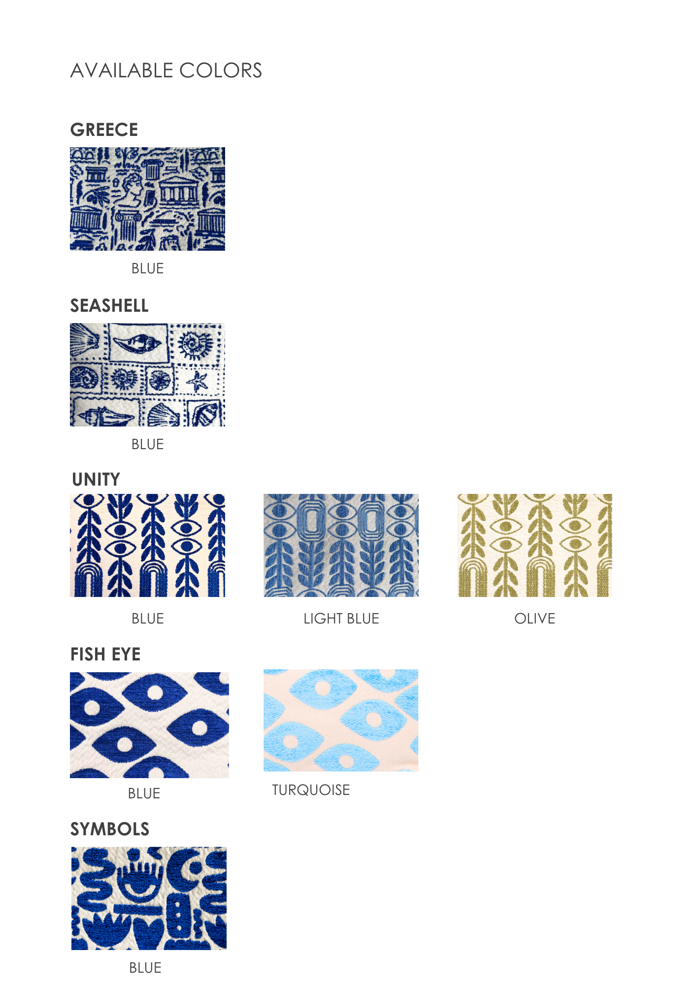 Marabu tote bag available patterns and colours — Greece Blue, Seashell Blue, Unity Blue, Unity Light Blue, Unity Olive, Fish Eye Blue, Fish Eye Turquoise, Symbols Blue