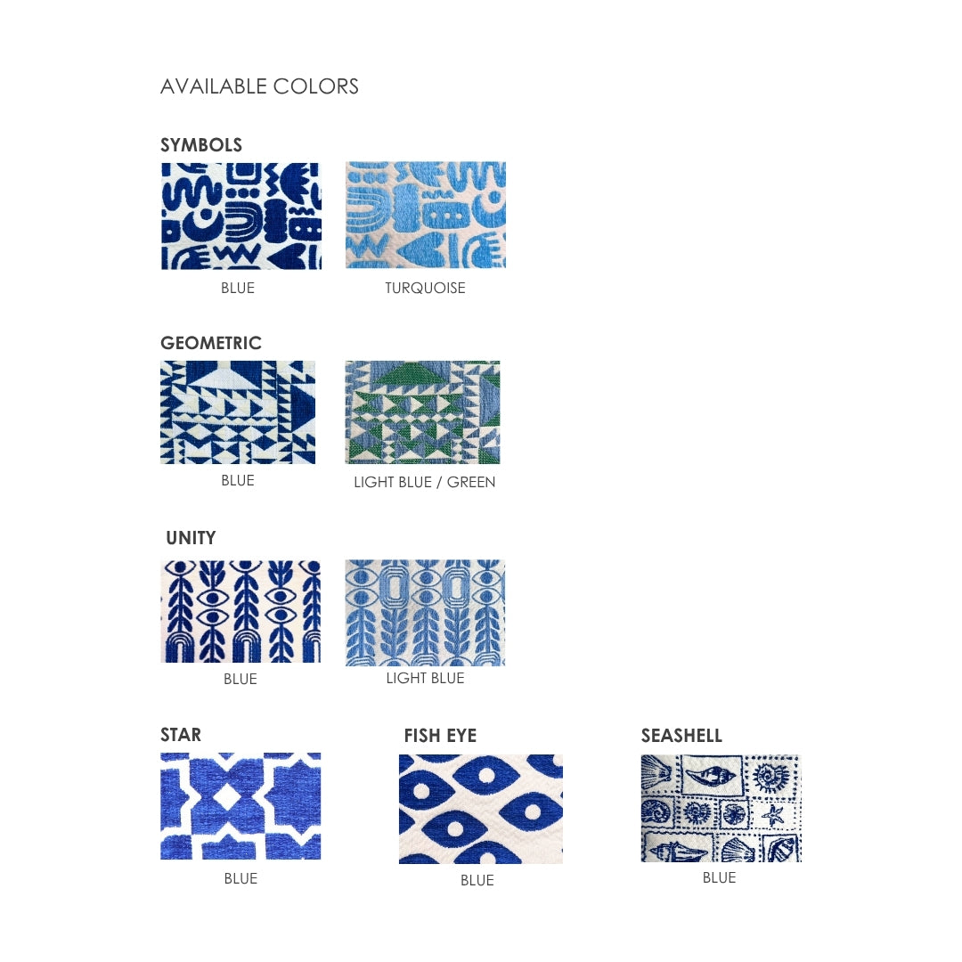 Marabu wristlet bag colour options — Symbols, Geometric, Unity, Star, Fish Eye and Seashell prints