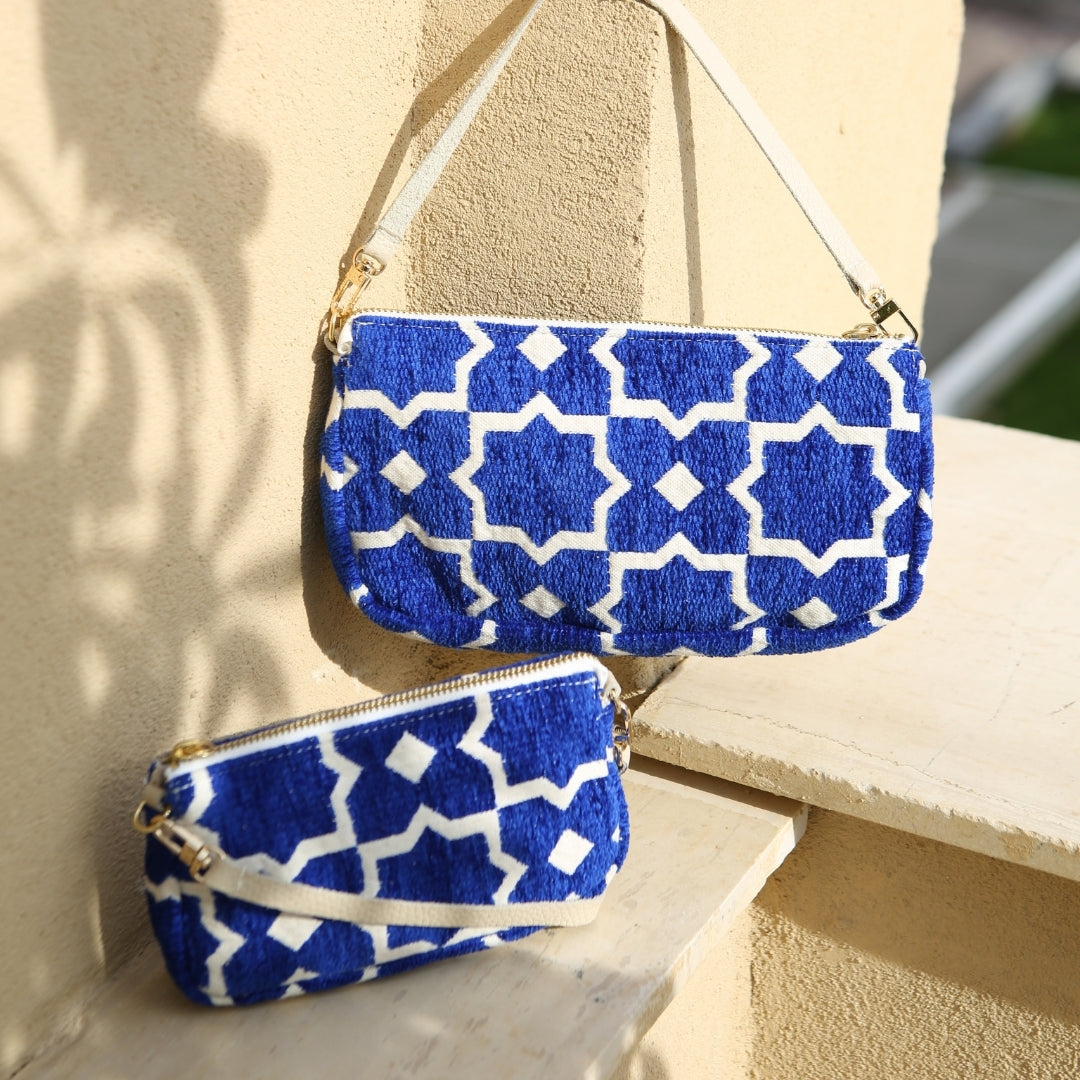 Marabu wristlet bag small and large — blue Star print, natural cotton canvas, gold zip, handmade in Greece